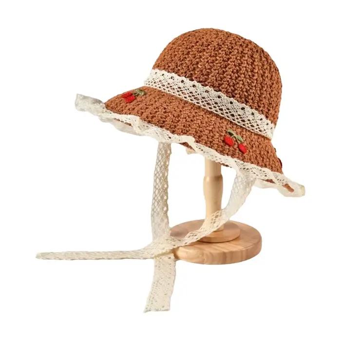 Chapeau de soleil décontracté pour femme, brodé cerises, couleur unie, en paille tressée, style pêch