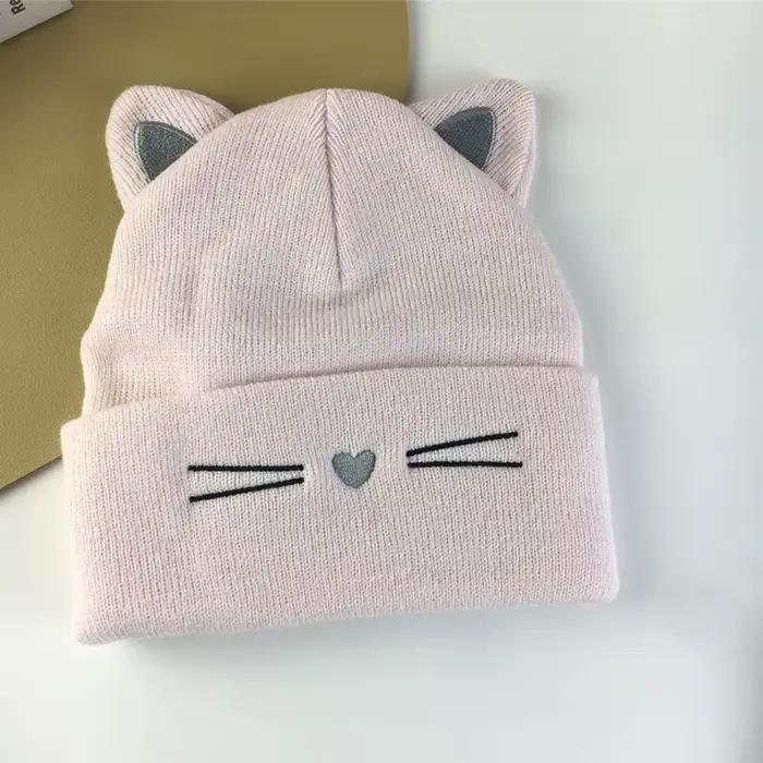 Chapeau tricoté avec oreilles de chat mignonnes brodées pour femmes, chapeau à oreillettes d'extérie