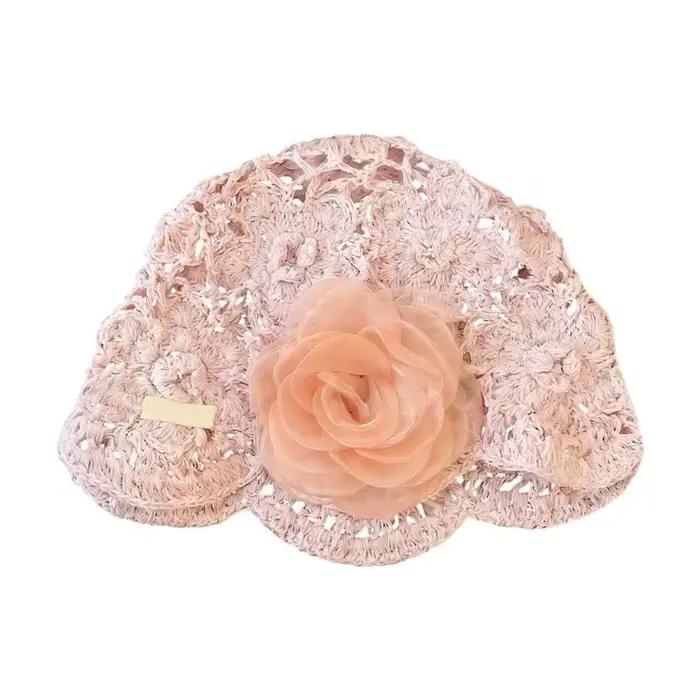 Chapeau tricoté à découpe 39BB, béret tendance décoré d'ornements végétaux