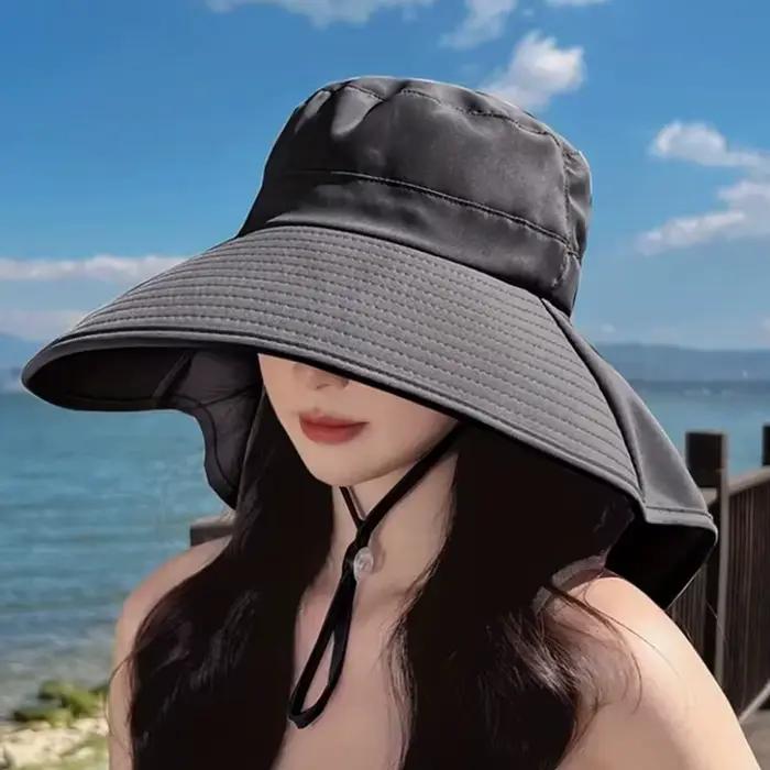 Nouveau chapeau queue de cheval d'été avec pare-soleil à grand bord, protection du cou pour femmes,