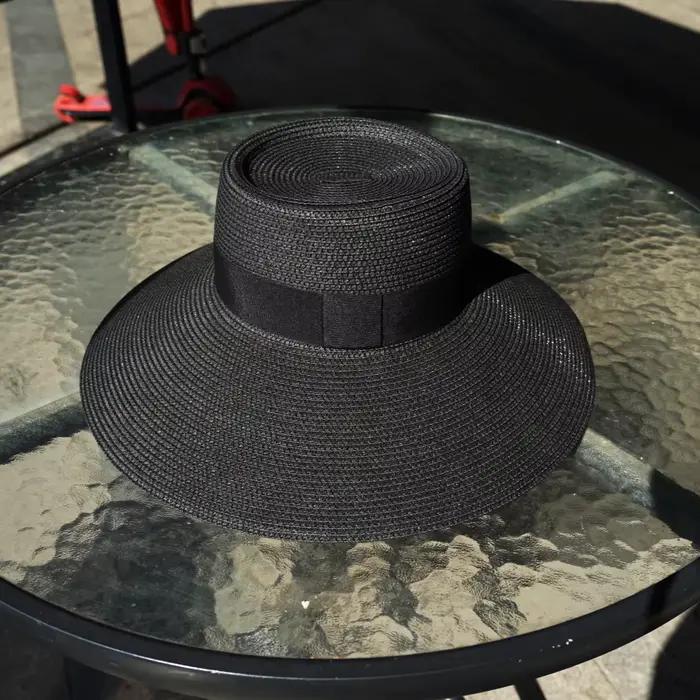 Chapeaux de paille noirs disquette pour femmes, chapeau seau d'été, chapeau de plage à large bord, c