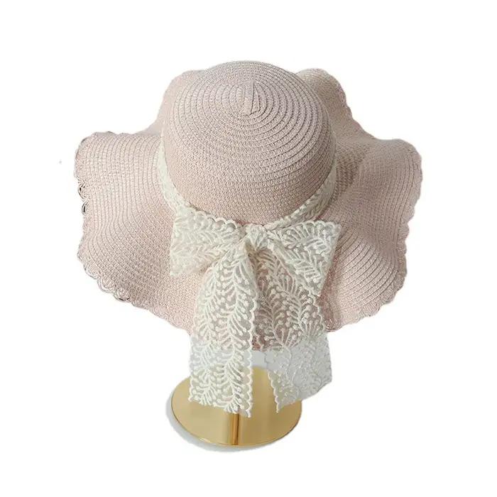 Chapeau de paille pour femme, printemps et été, avec nœud en dentelle, large bord, respirant, pliabl