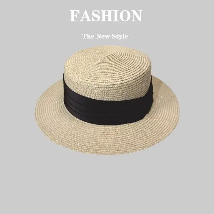 Chapeau de paille élégant de style français à dessus plat pour femme, chapeau de plage d'été rétro,