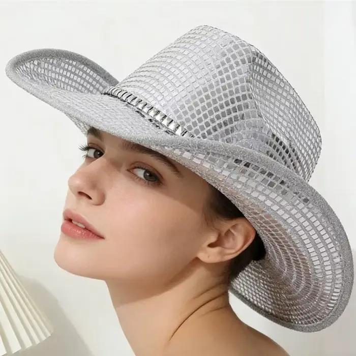Casquette Cowboy à thème Disco avec paillettes brillantes, chapeau à larges bords pour événement Cos