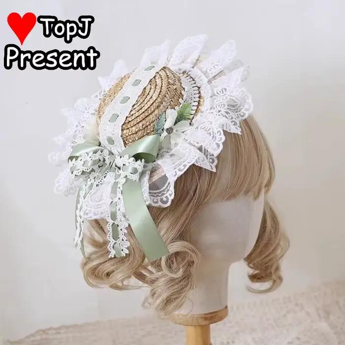 Lolita dentelle chapeau de paille fleur élégant chapeau plat chapeau haut-de-forme fleur mariage thé