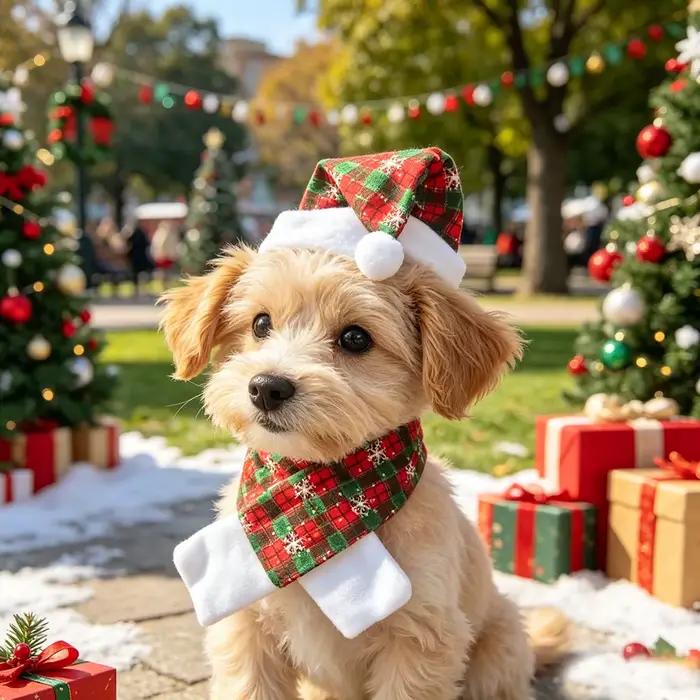 1 ensemble de chapeau de Père Noël pour chien avec boule blanche et écharpe, costumes de Noël pour c