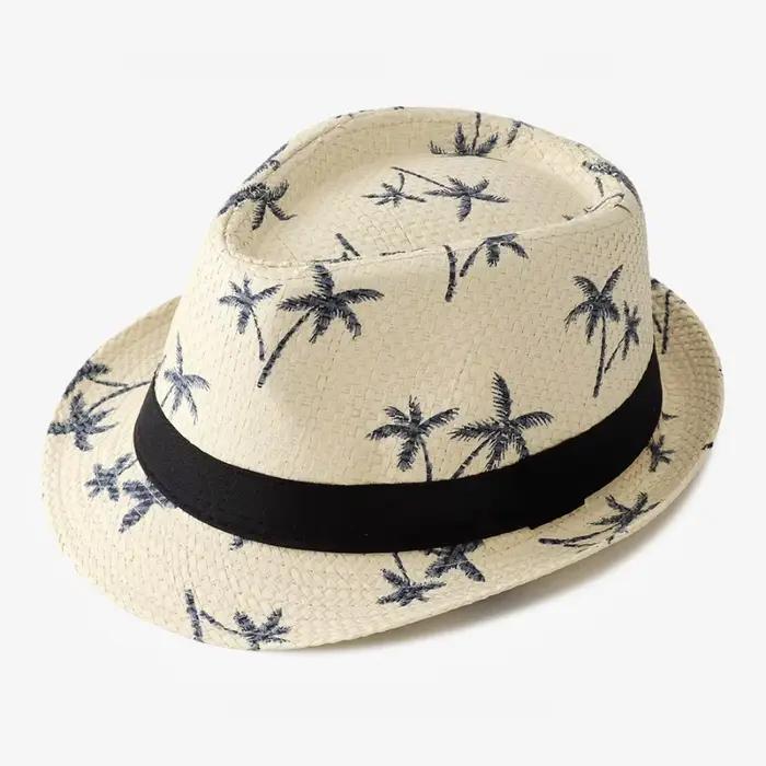 Chapeau de jazz en paille à imprimé cocotier pour homme, protection solaire estivale pour la plage,