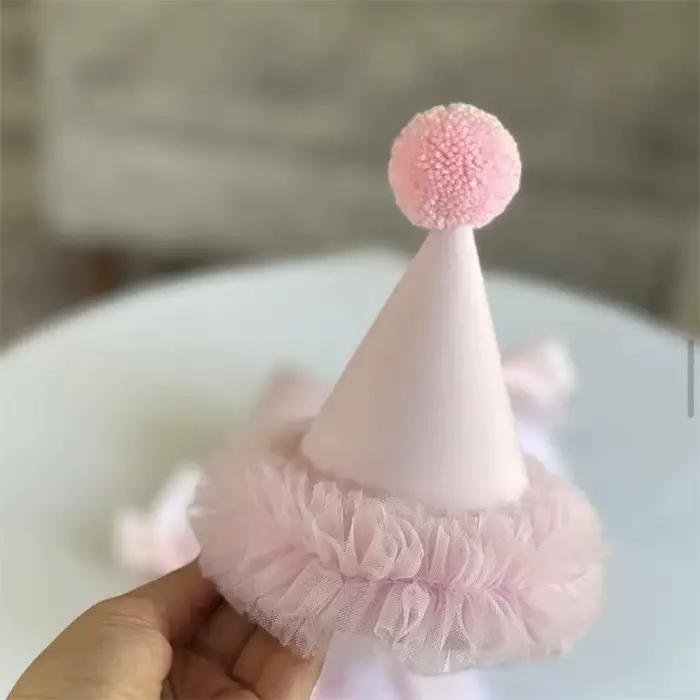 Chapeau de fête d'anniversaire rose personnalisé pour fille, dentelle en maille avec nœud, chapeau K