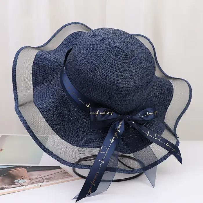 Chapeau de paille pliable avec nœud et ruban tressé, protection UV et solaire, pour la plage et les