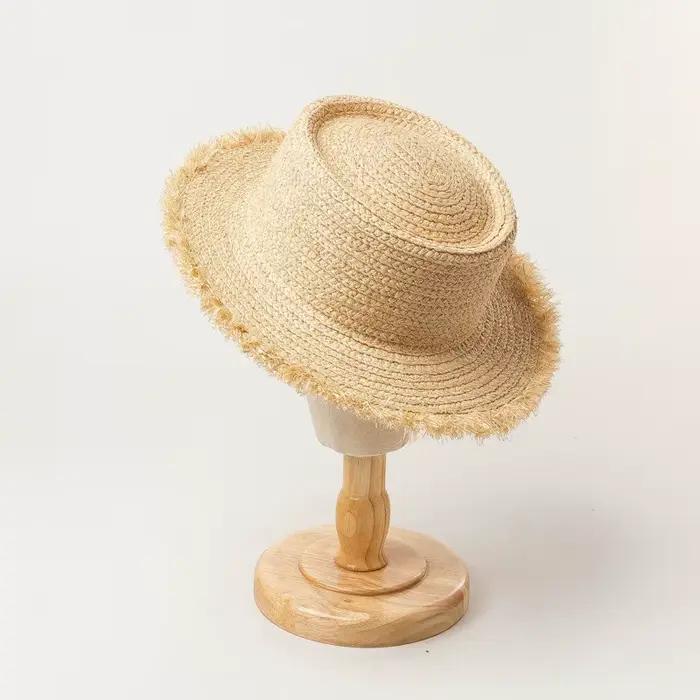 Chapeau de paille en raphia à bord large et franges pour enfants, idéal pour le printemps et l'été,