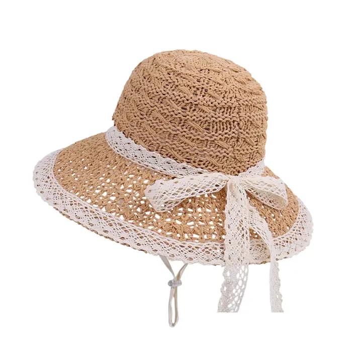 Chapeau seau en paille élégant avec nœud en dentelle pour femmes, casquette de plage à large bord aj