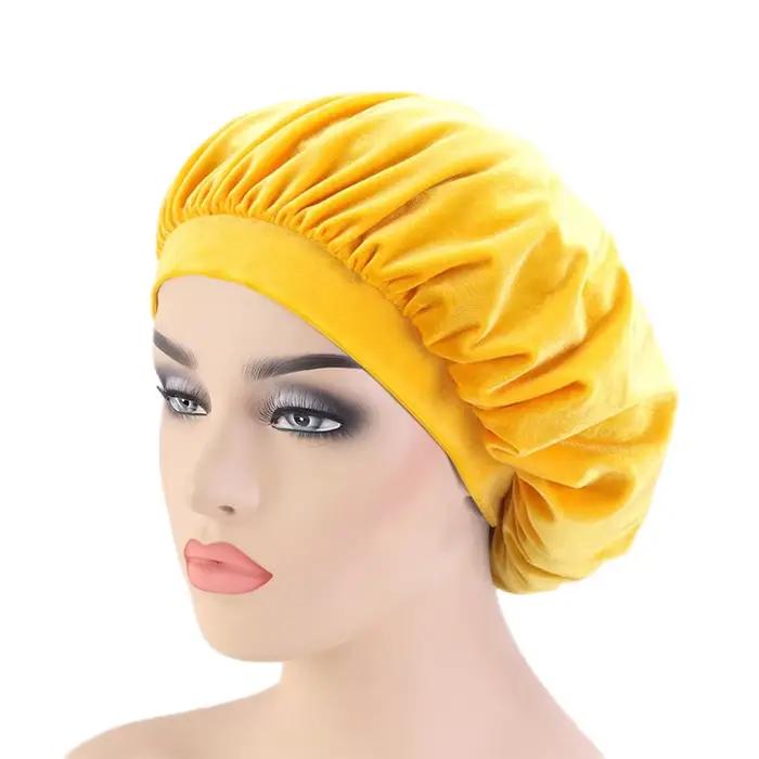 Bonnet de nuit en velours à larges bords, haute élasticité, rond en flanelle, chapeau de chimiothéra