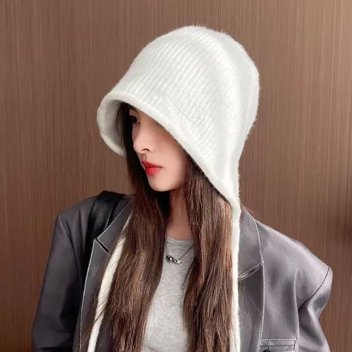 Chapeau tricoté en fourrure de lapin, Protection d'oreille chaude d'hiver, extensible, adapté aux fe