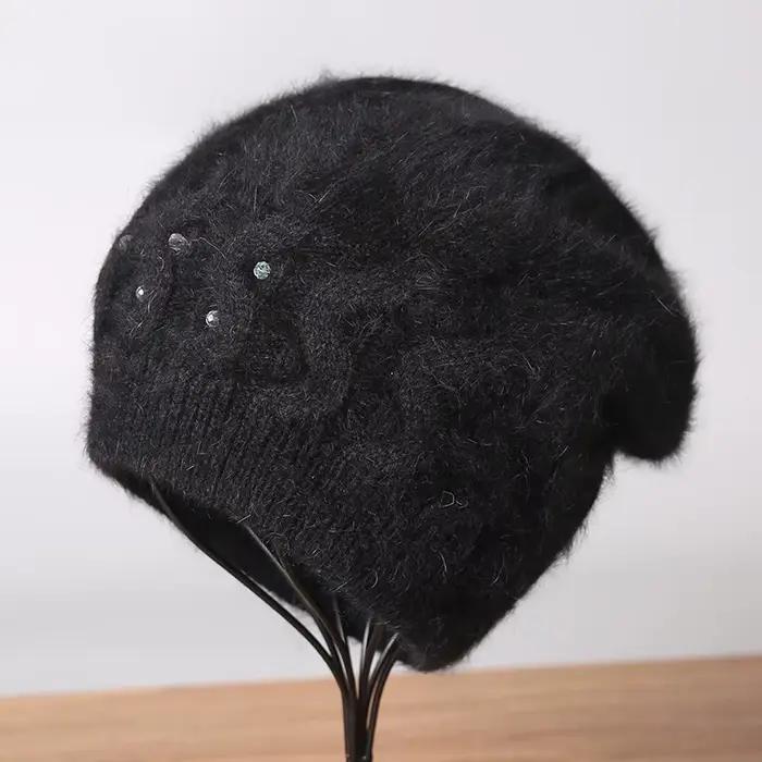 Angora chapeau femmes hiver tricot chapeau Double couches décontracté chaud accessoire pour l'automn