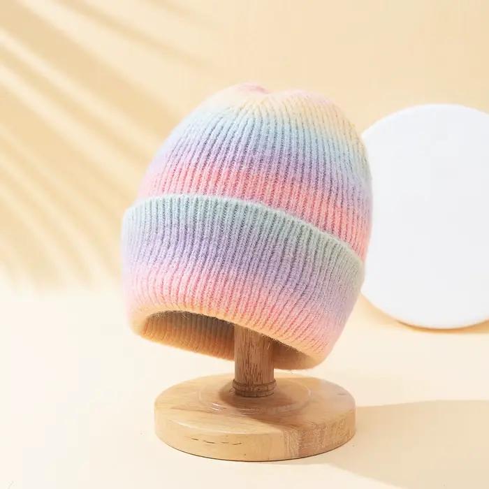 Chapeau tricoté à rayures romantiques pour femmes, seau chaud d'hiver, bonnet épais et doux et color