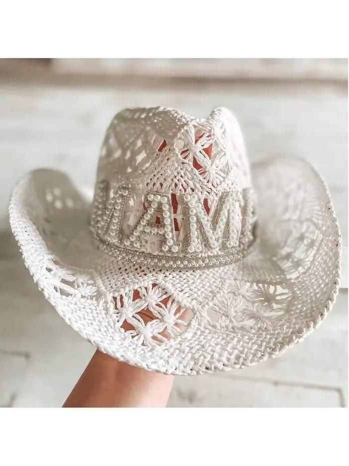 Chapeau de cowgirl personnalisé en paille blanche avec perles et strass | Cadeaux de mariage | S