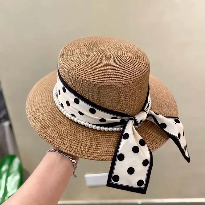 Chapeau plat à pois pour femme, protection solaire estivale, chapeau de plage pour les vacances, cha