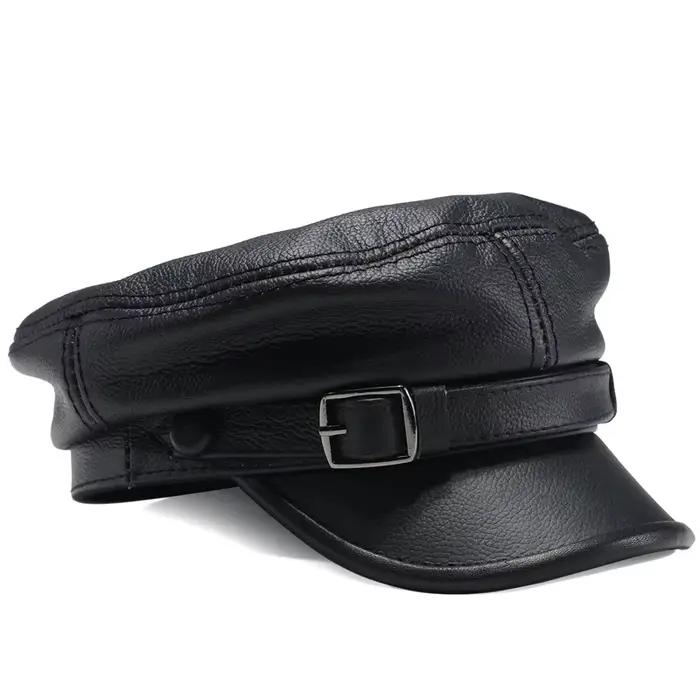 Casquettes militaires en cuir véritable pour hommes et femmes, chapeau de marque de luxe, noir, plat