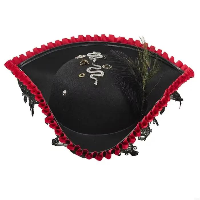 Chapeau pirate élégant avec bordure en dentelle délicate plume en peluche pour événement à thème Y08