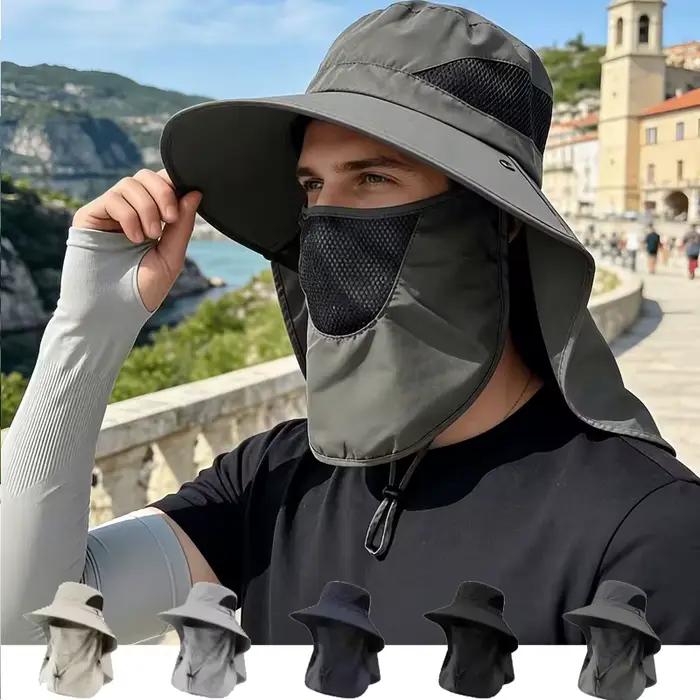 Chapeau de pêche respirant à large bord avec masque facial amovible et protection du cou, chapeau de