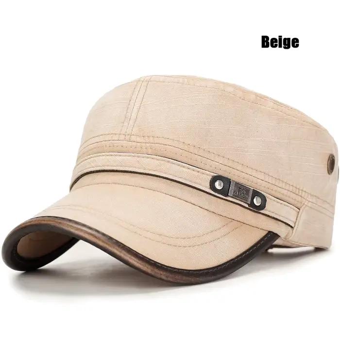 Casquette plate réglable en coton délavé blanc vieilli avec reliure en cuir, style cadet, chapeau de