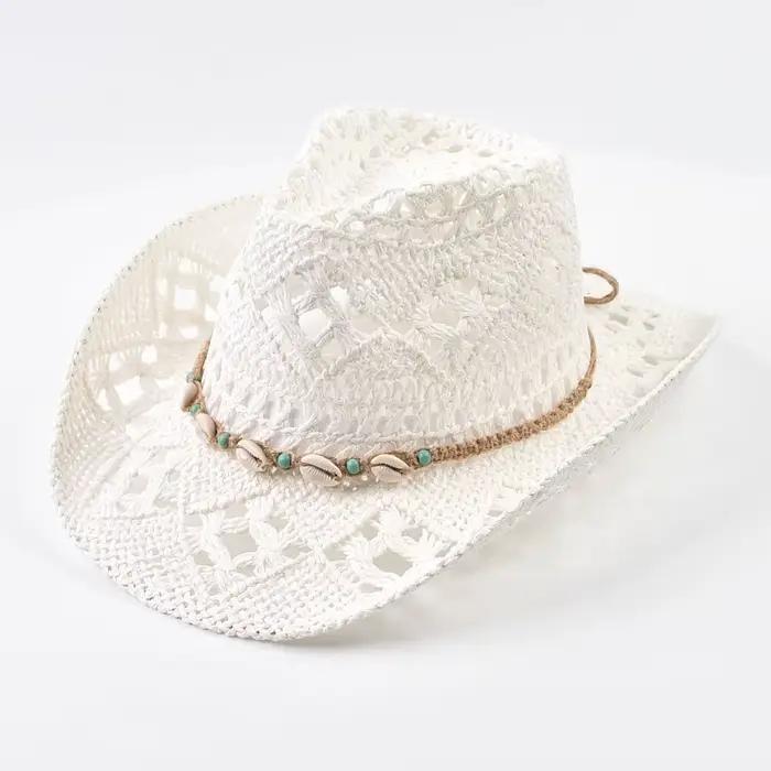 Chapeau de paille pour femme, décoration coquillage, chapeau de plage ajouré à large bord, chapeau d