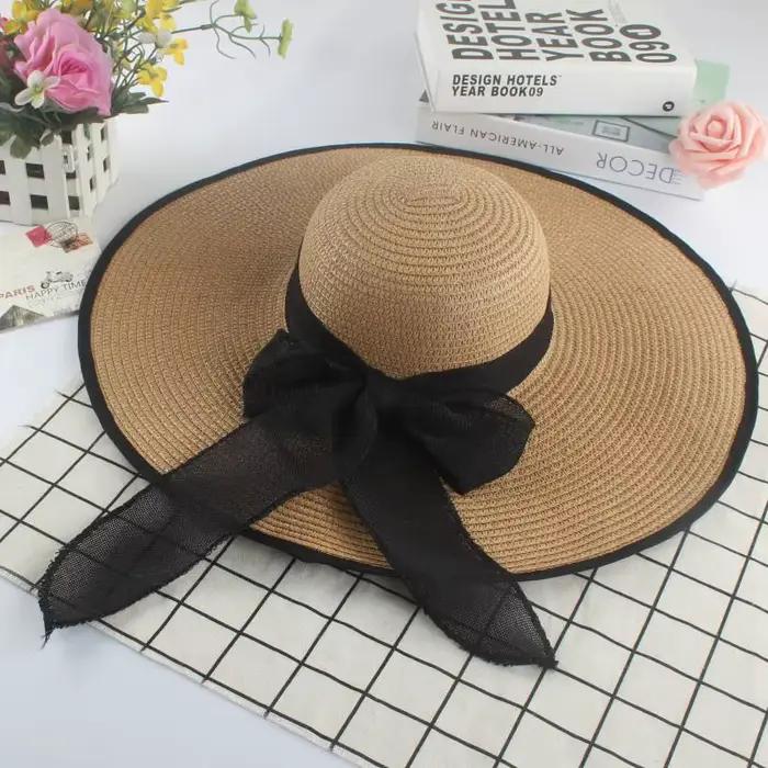 Chapeau de paille décontracté à large bord pour femme, avec grand nœud, chapeau de soleil tendance p