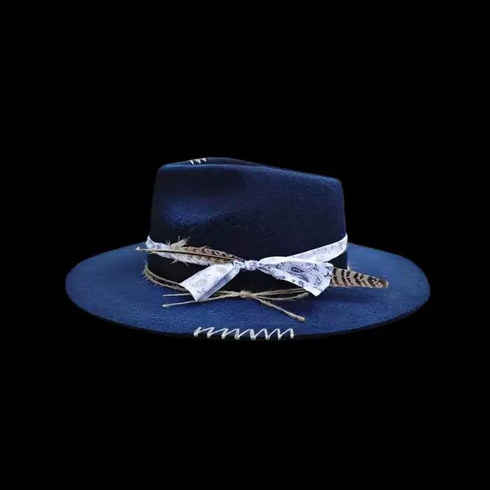 Chapeau haut-de-forme de Style ethnique avec ruban en détresse 100% laine Pure laine Fedra chapeaux