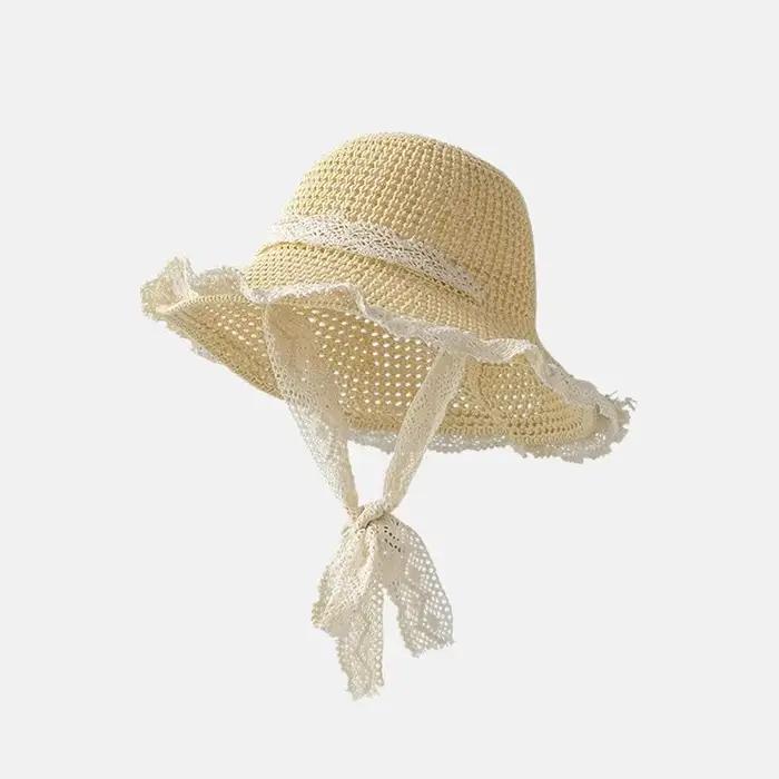 Chapeau de paille à large bord en dentelle pour femme, casquette de soleil ajourée pour les vacances