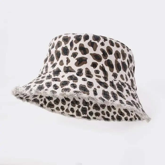 Chapeau Bob Femme Vintage Léopard en Jean pour Randonnée en Plein Air, Chapeau de Soleil Tendance à
