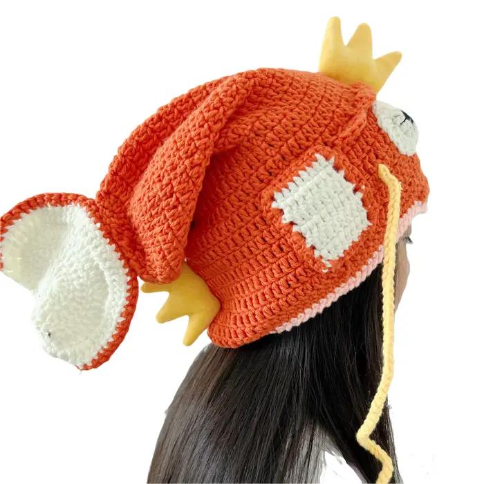 Chapeau de tête de carpe au crochet en laine fait à la main, chapeau de roi de poisson drôle, chapea