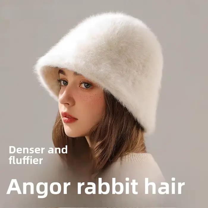 Mode classique Angora lapin fourrure seau chapeau femmes tendance moelleux doux chaud chapeaux femme