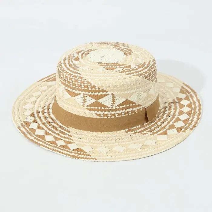 2025 Hot sales New Fashion Flat Top Color Block Straw Hat Elegant Beach Vacation Sun Hat Concave Sha