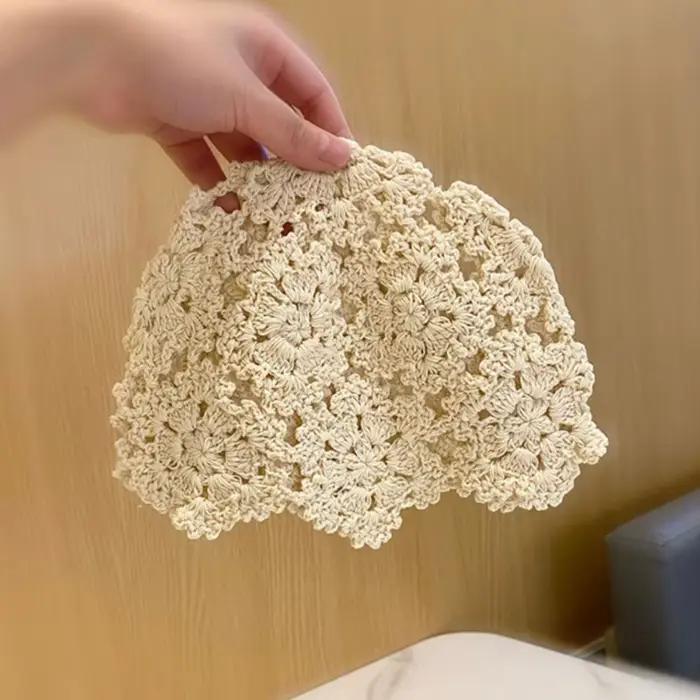 Chapeau tricoté ajouré fait main pour femme, motif floral au crochet, style doux, en dentelle, chape