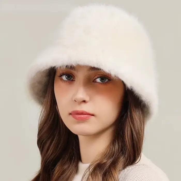 Mode classique Angora lapin fourrure seau chapeau femmes tendance moelleux doux chaud chapeaux femme