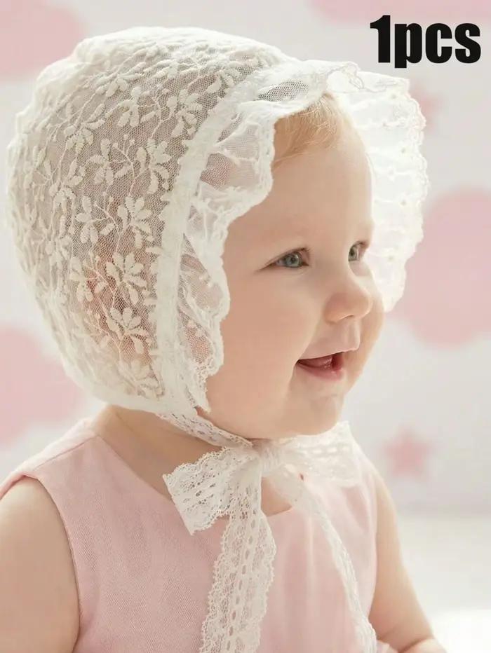 Chapeau de bébé vintage en dentelle brodée florale, beige et blanc, doux et confortable, pour nouvea