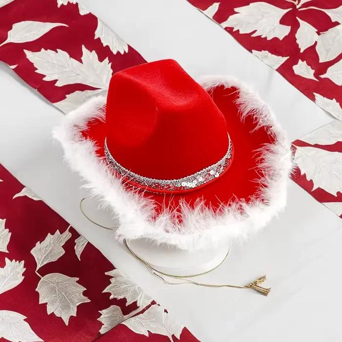 Chapeau de cowgirl de Noël pour femme, garniture en plumes occidentales, chapeau de cowgirl rouge av