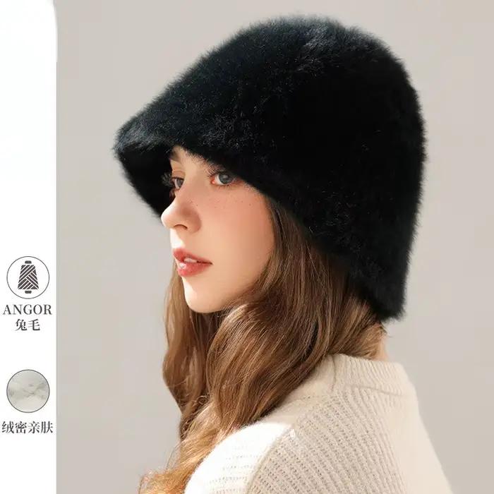 Mode classique Angora lapin fourrure seau chapeau femmes tendance moelleux doux chaud chapeaux femme