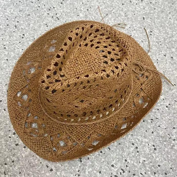 Chapeau de paille d'été pour femmes et hommes, fait à la main, Vintage, creux, bord occidental, Prot