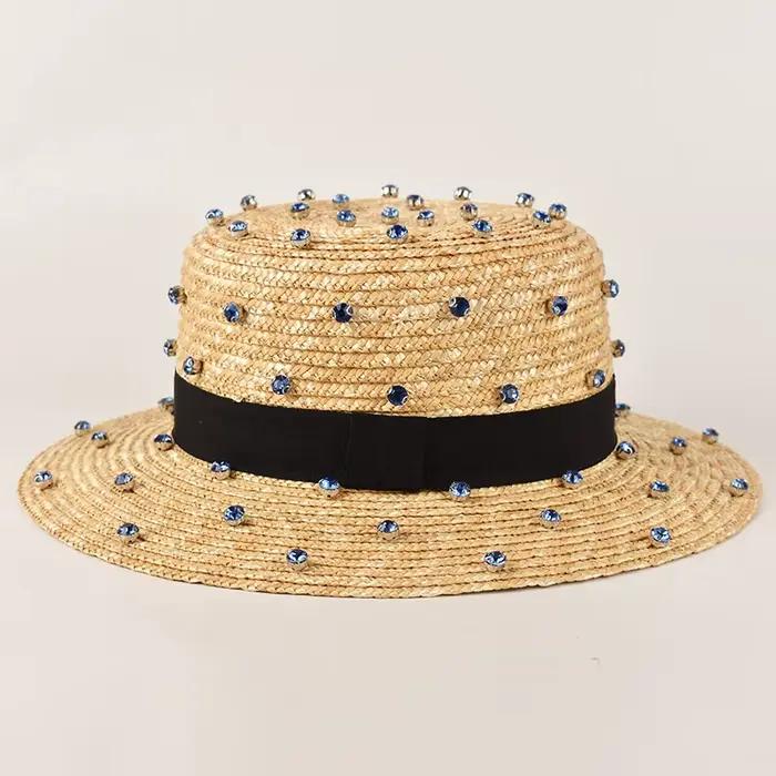 Chapeau de paille de blé naturel fait à la main, décoration de couture de diamant, voyage en plein a
