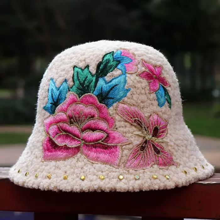 Sherpa coupe-vent chapeaux hiver garder au chaud épais Style ethnique brodé Floral chapeau de soleil