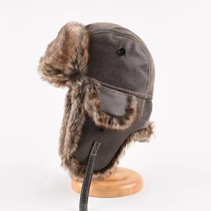 Nouveau chapeau d'hiver en cuir fausse fourrure doublé pilote Ski Ushanka épaissir chaud coupe-vent