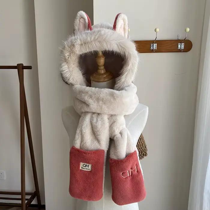 Chapeau de Ski en peluche renard, écharpe, gants, trois pièces pour femmes, chapeau d'hiver chaud, f