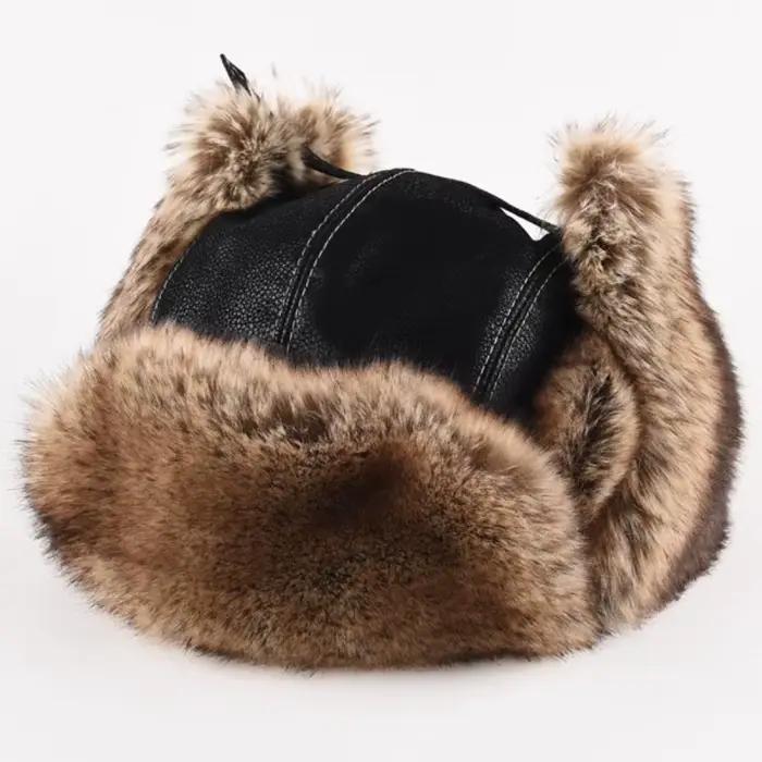 Nouveau chapeau d'hiver en cuir fausse fourrure doublé pilote Ski Ushanka épaissir chaud coupe-vent