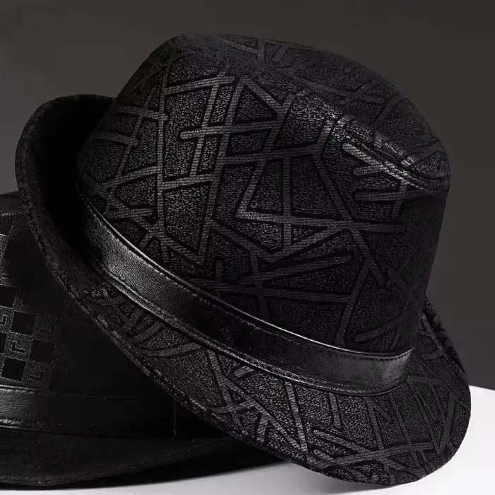 Hiver en cuir véritable daim imprimé noir GeometryTop chapeaux pour hommes/femmes messieurs britanni