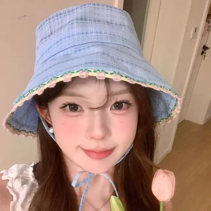 Chapeau de pêcheur pour femmes, chapeaux à fleurs douces avec corde coupe-vent, Protection solaire d