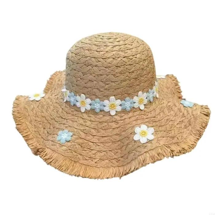 Chapeau paille à fleurs d'été avec des bords 15Cm large, élégant chapeau soleil en paille à