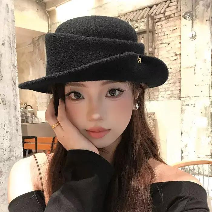 〔YS1〕Chapeau haut de forme noir élégant style Hepburn français pour femme, chapeau en laine à bord r