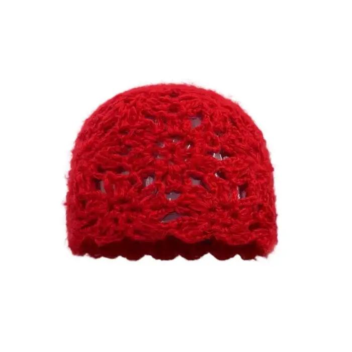 Chapeau décontracté en crochet de couleur unie avec fleur, bonnet tricoté à la main, style japonais