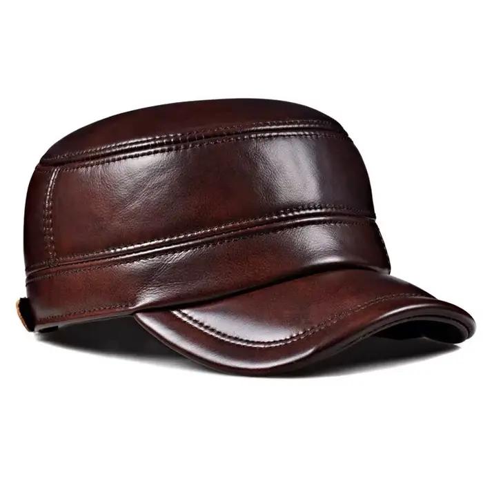 Casquette d'hiver en cuir véritable pour hommes, casquette plate, militaire, élégante, casquette de